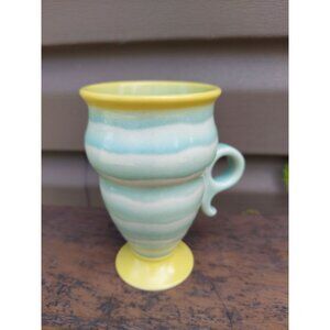 Eric Van Eimeren Pottery Footed Mug Green & White w/ Yellow Rim and Foot Helena,